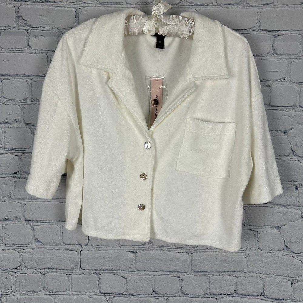 Aqua Swim Button Front Beach Cotton Blend Cropped Cover Up Top Jacket, White